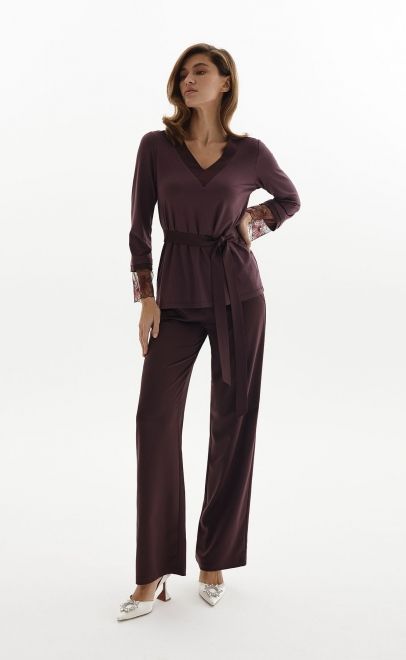 Пижама с брюками из вискозы с кружевом темный шоколад (52028-1) фото