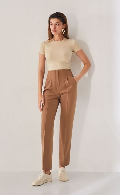 Брюки прямые без пояса женские бежевый (13008) фото