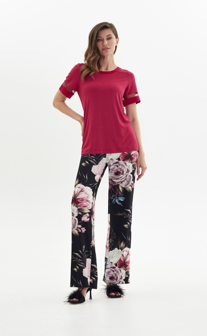 Пижама с брюками из вискозы бордовые пионы (52040) фото