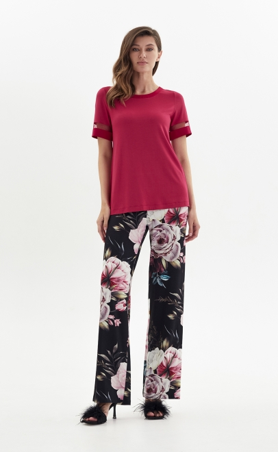 Пижама с брюками из вискозы бордовые пионы (52040) фото