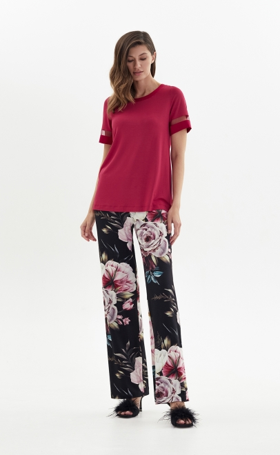 Пижама с брюками из вискозы бордовые пионы (52040) фото