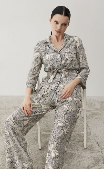 Пижама с брюками из вискозы женская бежево-синий (56440-1) фото