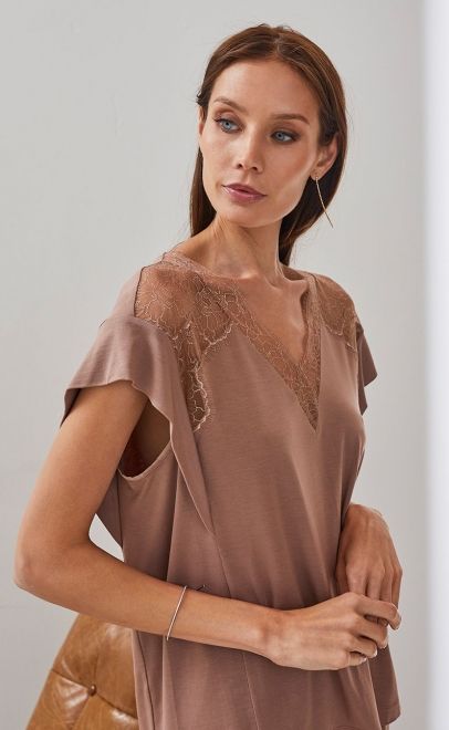 Топ пижамный с кружевом бежевый (51967-1) фото