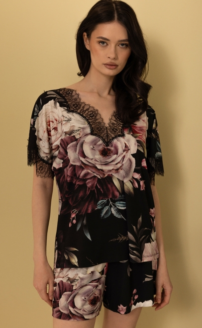 Пижама с шортами женская  бордовые пионы (52165) фото