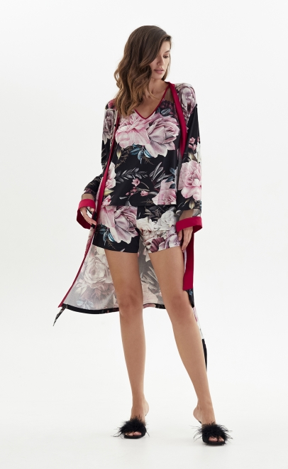 Пижама с шортами из вискозы бордовые пионы (52042) фото